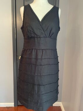 Talbots Black Sleeveless V-Neck Tiered Linen Sheath Dress with Fray